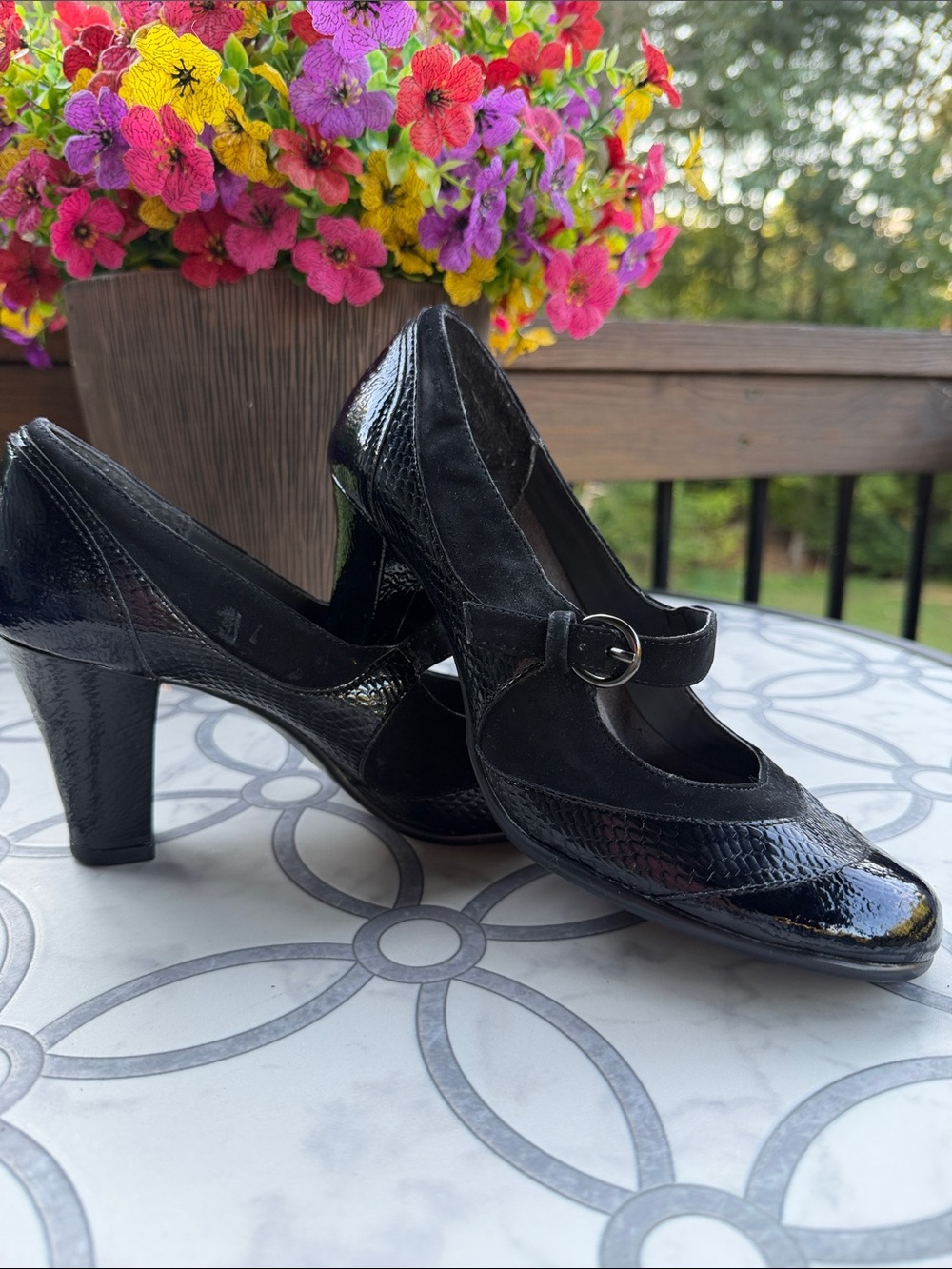 AEROSOLES Black Mary Jane Heels with Patent Accents